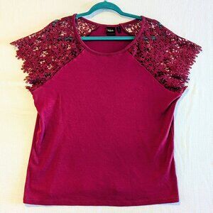 Rafaella Lace Cap Sleeves Cotton Knit T-Shirt Blouse Top Burgundy Size 1X